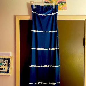 Long blue tube top dress with white stripes